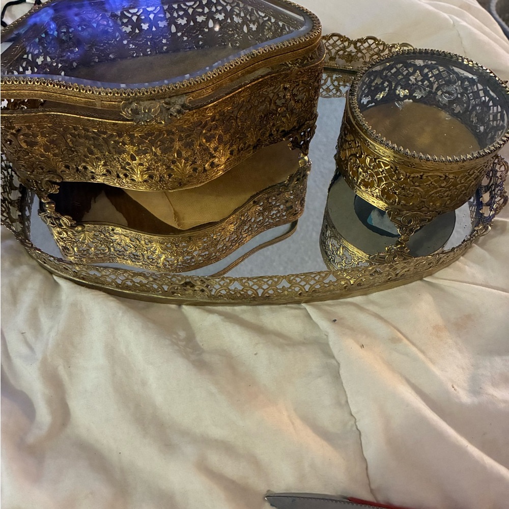 Vtg Gold Metal & Glass  Footed  Jewelry Box Hinged vanity W Smaller Box & Mirror